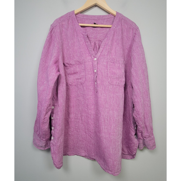 Talbots Popover Shirt Plus 3X Linen Long Sleeve Roll Tab 100% Linen Top Pink - Picture 1 of 12